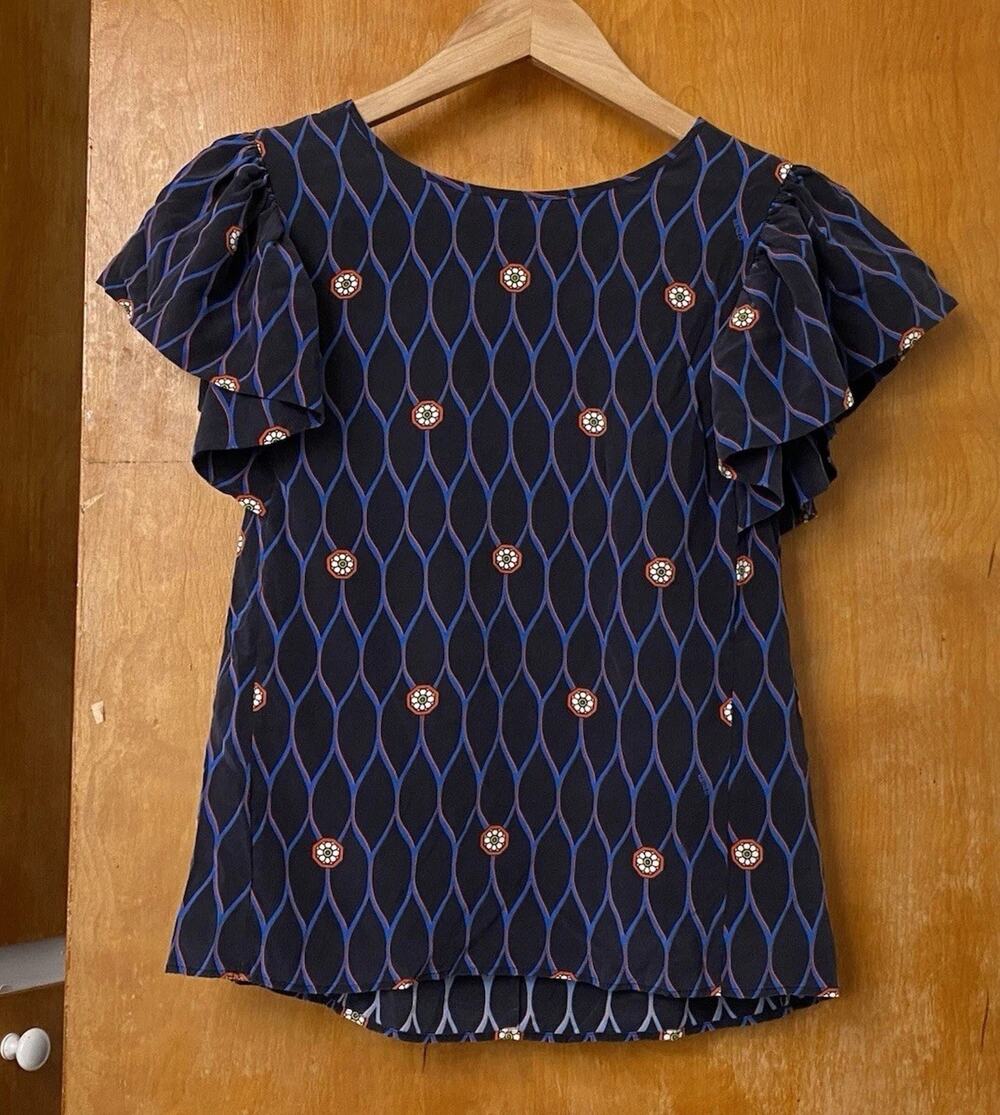 HM X KENZO Silk Ruffle Sleeve Top Logo Floral Navy Mod Size 4 Rare Jungle